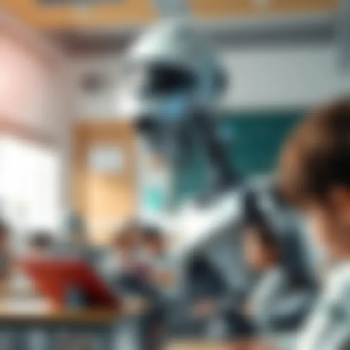 A humanoid robot interacting with students in a classroom setting, showing it teaching and engaging with children.