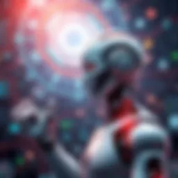 A digital illustration of a humanoid robot in a human-like pose, showcasing its mechanical features and human-like characteristics, set against a tech-themed background.