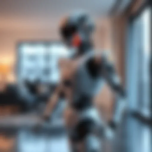 A sleek humanoid robot with advanced sensors and hands, standing in a modern home setting, showcasing its versatile design and safety features.