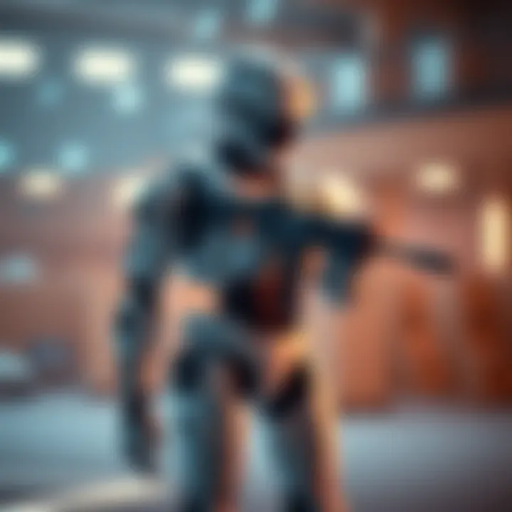 A humanoid robot stands with a firearm attached, showcasing the potential dangers of weaponizing technology.