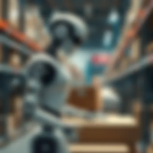A humanoid robot efficiently sorting and handling packages in a warehouse setting.