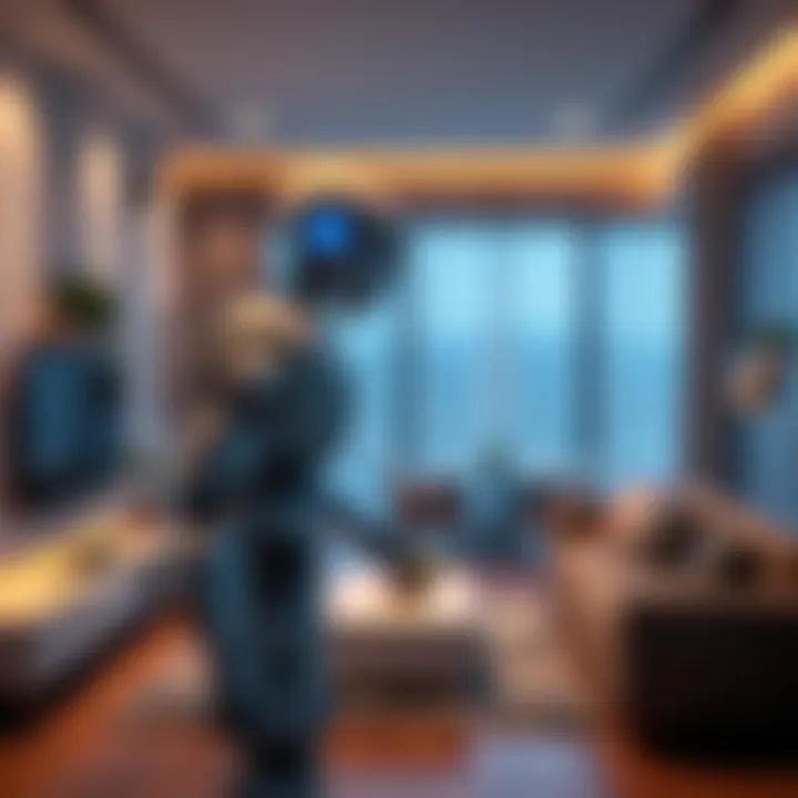 A humanoid robot performing household tasks in a modern living room setting.