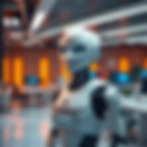 Humanoid robot standing in a modern office A lifelike humanoid robot with realistic features and a friendly expression, standing in a sleek office environment surrounded by technology.