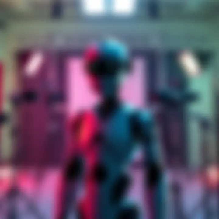 A humanoid robot stands alone in a photography studio, ready for a photoshoot with cameras and lights around it.