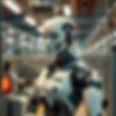 A humanoid robot in a factory setting with specialized machines around it, illustrating economies of scale in production.