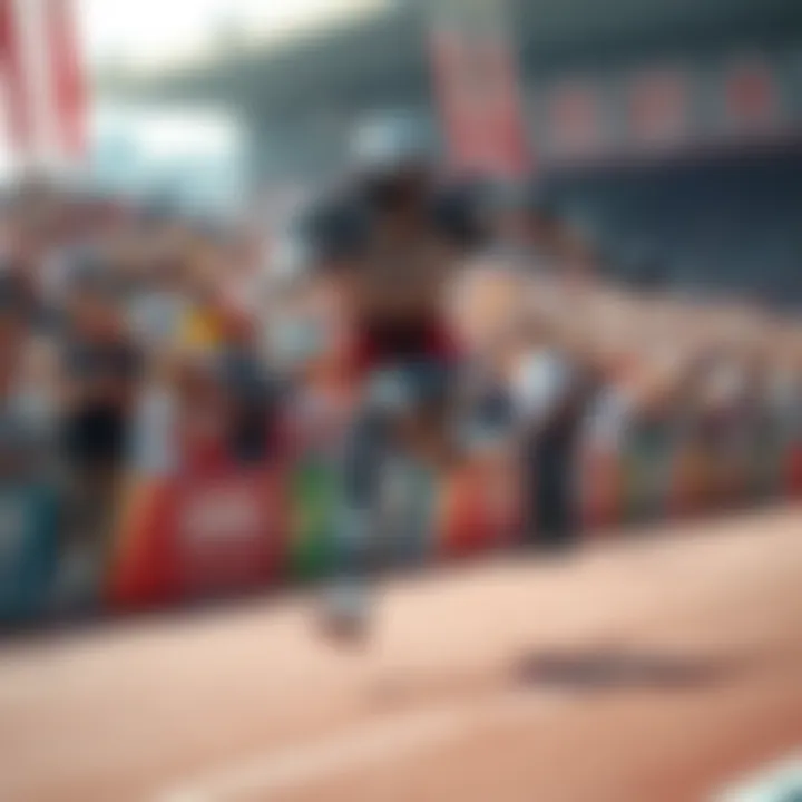 A humanoid robot sprinting on a track, surpassing a finish line with a blurred background of spectators in Beijing.