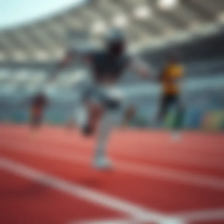 A humanoid robot sprinting on a track, showcasing speed and athleticism as it approaches a finish line, compared to a human athlete in the background.