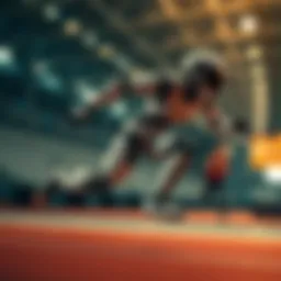 A humanoid robot racing on a track, showcasing its speed and agility against a blurred background of a running human.