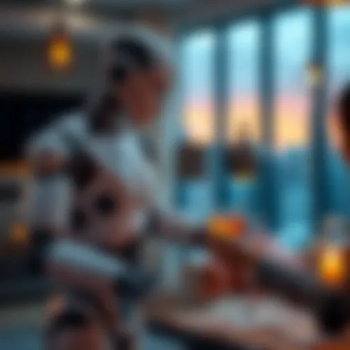 A humanoid robot is pouring a drink for a person in a modern living room setting, showcasing the interaction between humans and servant bots.