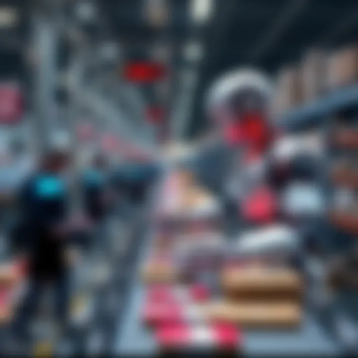A humanoid robot efficiently sorting parcels at a conveyor belt in a busy warehouse setting.
