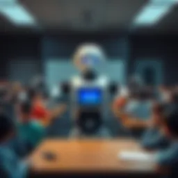 A humanoid robot stands in a classroom filled with students. The robot has a friendly appearance with a screen for a face and moves its arms to interact with the class.