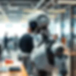 A humanoid robot interacting with people in an office setting, showcasing its potential for real-world applications.