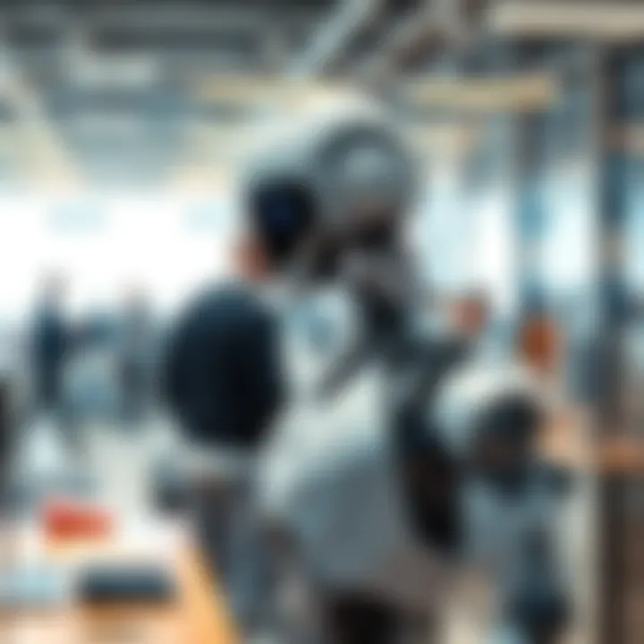 A humanoid robot interacting with people in an office setting, showcasing its potential for real-world applications.