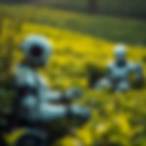 Humanoid robots picking tea leaves in a field, surrounded by lush green bushes