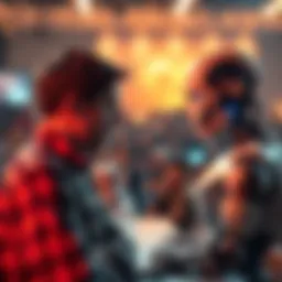 A lively debate scene featuring a human and a robot discussing intelligence, with an audience engaged in the background.