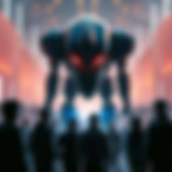 A group of people facing a large, advanced robot representing ASI in a futuristic setting