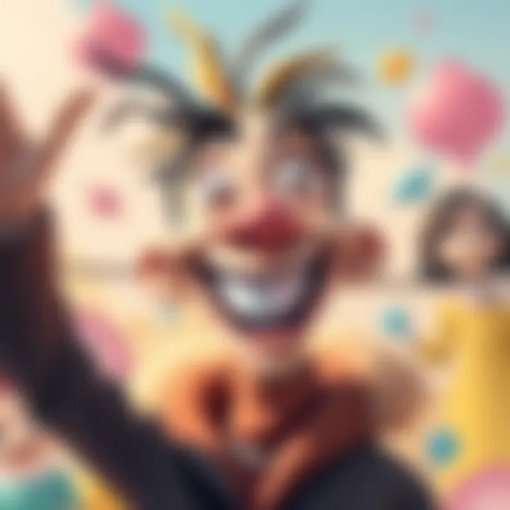 A colorful illustration of a funny character with exaggerated features, evoking laughter and joy. The background is bright and playful, adding to the humorous vibe.