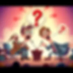 A cartoon scene showing a lively debate between an atheist and a believer, with exaggerated facial expressions and funny props like a giant brain and a cloud with a question mark.