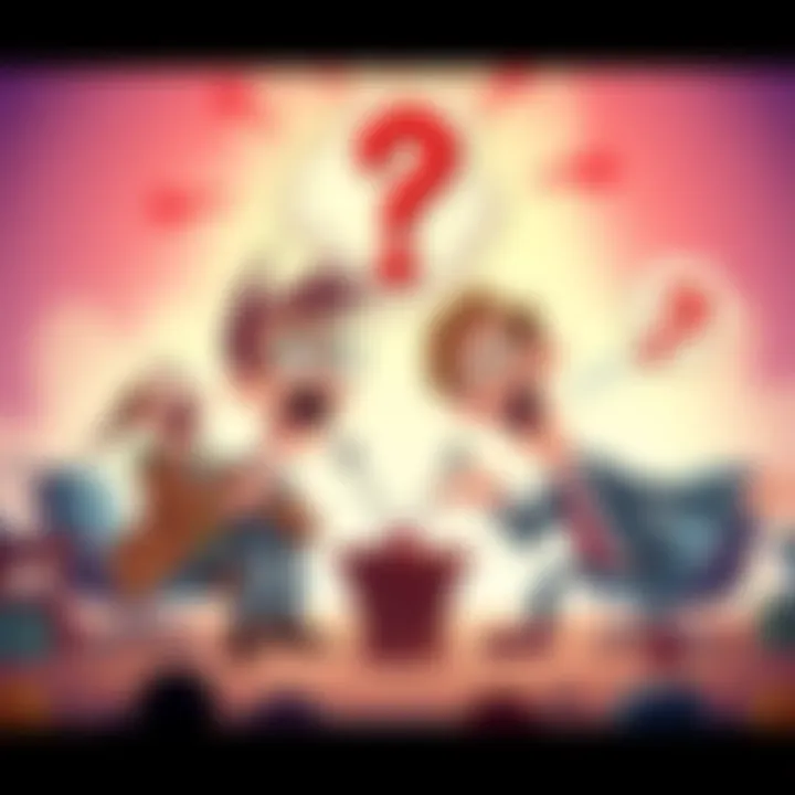 A cartoon scene showing a lively debate between an atheist and a believer, with exaggerated facial expressions and funny props like a giant brain and a cloud with a question mark.