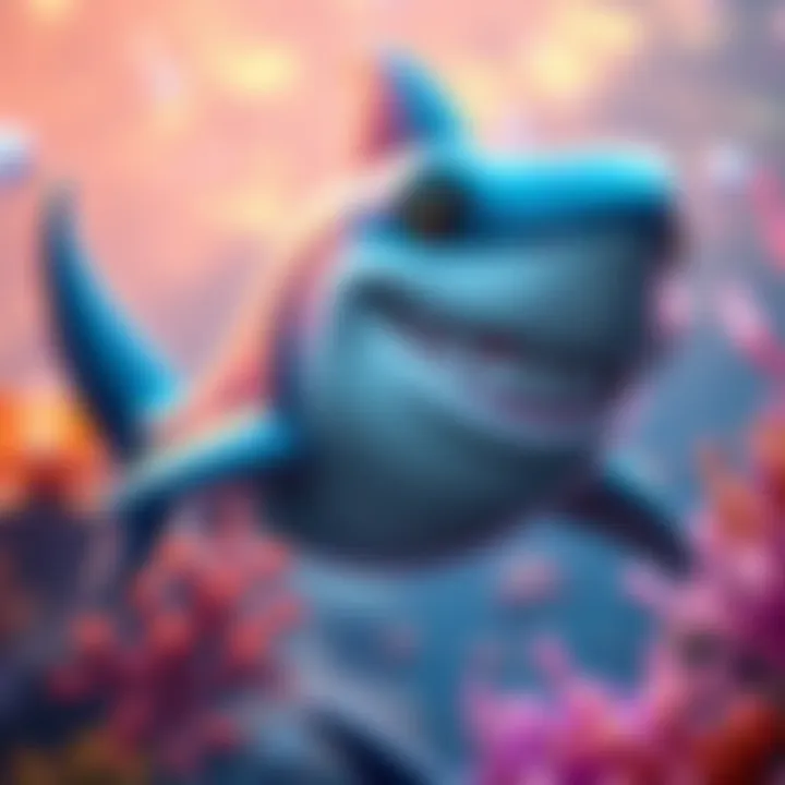 A cartoon-style shark character with an exaggerated smile and playful demeanor, swimming in a colorful ocean setting.