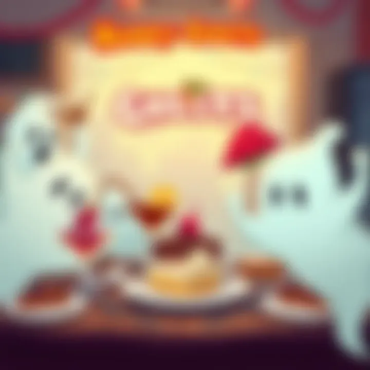 A colorful illustration showcasing the indie game Hungry Ghosts, featuring hand-drawn ghostly characters amidst desserts and drinks, with a café style background.