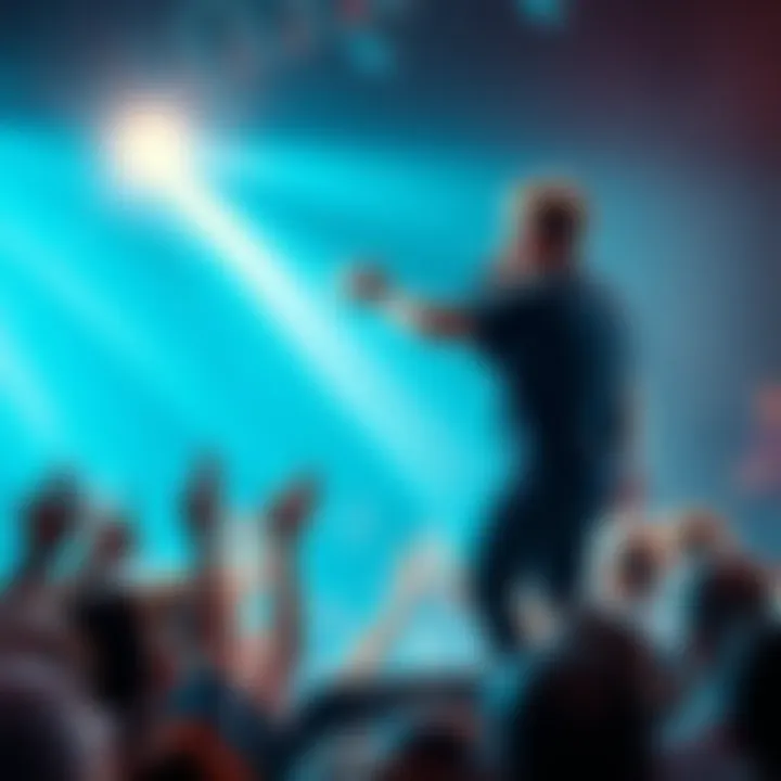 A hype man on stage passionately motivating the audience during a concert, with fans cheering and clapping in excitement.