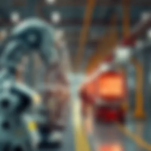 An assembly line in a Hyundai factory showing Atlas robots ready for deployment, with union representatives discussing labor agreements nearby.