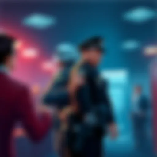 A conceptual illustration of a law enforcement officer confronting bankers in an office setting, symbolizing ICE's action against criminal bankers.