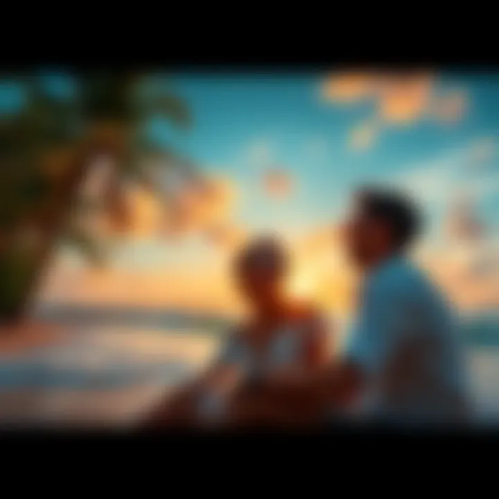 A couple enjoying a tropical beach sunset, smiling and relaxing together, surrounded by palm trees and soft waves.