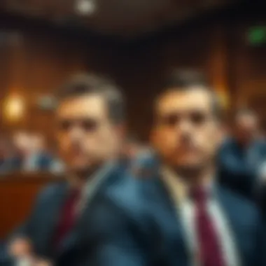Two identical twin brothers sitting side by side in a courtroom, both looking serious. The courtroom is bustling with legal professionals and onlookers. They have similar features, creating a striking...