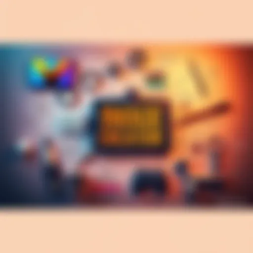 A visual representation showing various tools and techniques used in creating images, including drawing, painting, and digital editing tools, with graphics illustrating ideas and concepts.