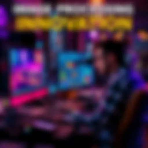 A digital artist working on a computer with advanced image processing software, showcasing vibrant visuals and creative design