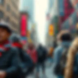 A group of immigrants interacting in a vibrant urban setting, showcasing diverse cultures and backgrounds