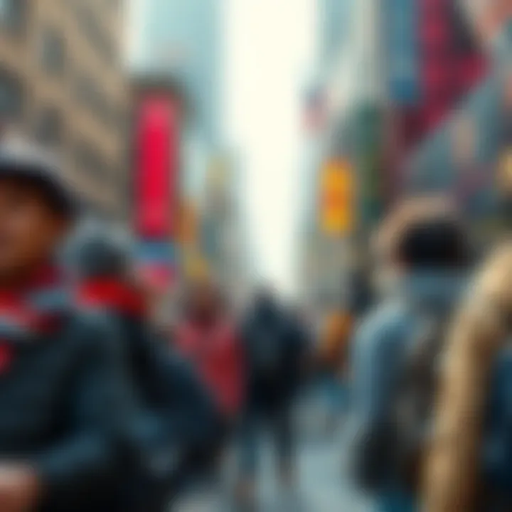 A group of immigrants interacting in a vibrant urban setting, showcasing diverse cultures and backgrounds