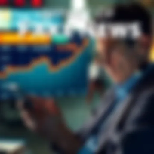 A person reading news on a phone, looking concerned about misinformation. A graph showing declining trust in media is visible in the background.