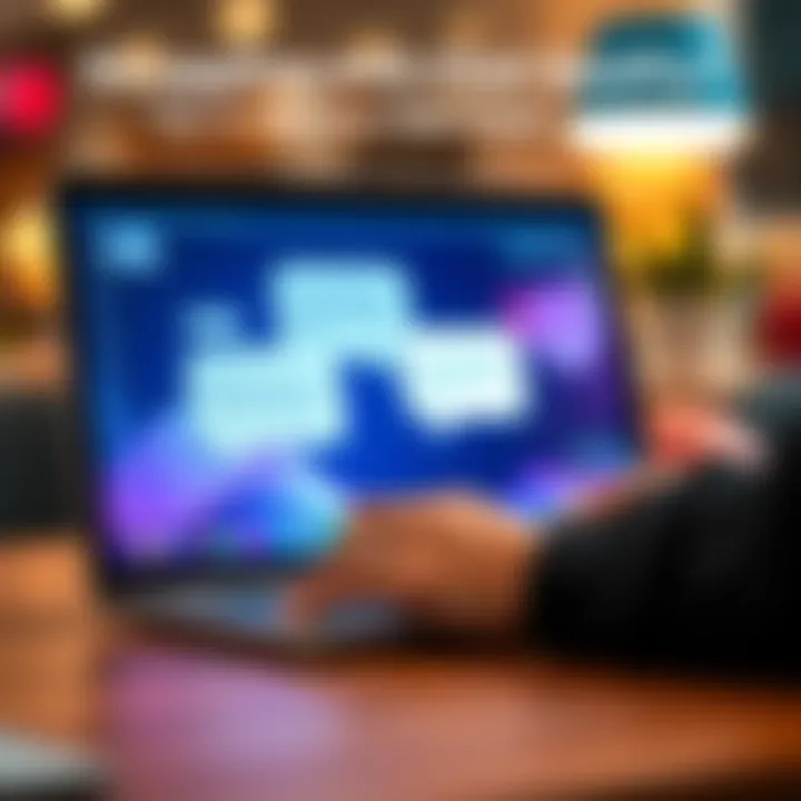 A person typing on a laptop with chat bubbles appearing on the screen, representing a conversation.