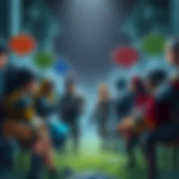 A group of diverse characters in a fantasy setting engaged in conversation, with dialogue bubbles appearing above their heads, showcasing party member dynamics.