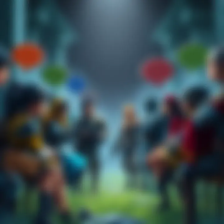 A group of diverse characters in a fantasy setting engaged in conversation, with dialogue bubbles appearing above their heads, showcasing party member dynamics.