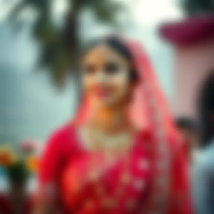 An Indian bride dressed in vibrant traditional garments, adorned with jewelry, standing in a beautiful outdoor setting. She appears expressive, reflecting both joy and contemplation amid a cultural celebration.