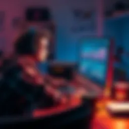 A stressed indie game developer sits at their desk, looking at their computer screen with graphs showing low sales and visibility, surrounded by coffee cups and notes about marketing ideas.
