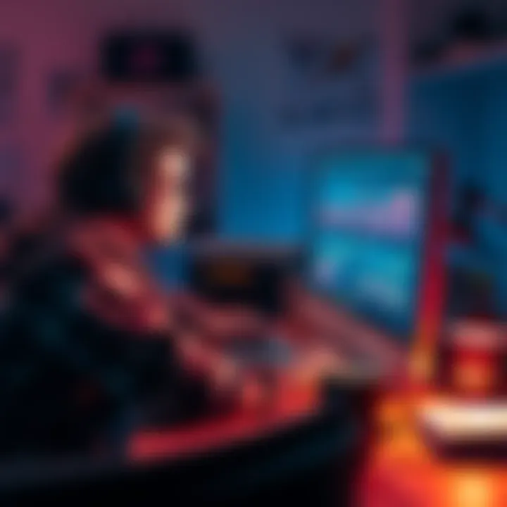 A stressed indie game developer sits at their desk, looking at their computer screen with graphs showing low sales and visibility, surrounded by coffee cups and notes about marketing ideas.