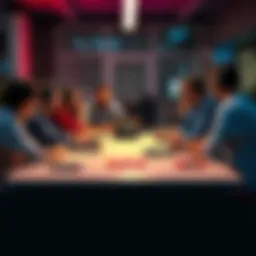 A group of indie game developers gathered around a table sharing their experiences and lessons learned from their mistakes, with a laptop and game designs visible, illustrating collaboration and discu...