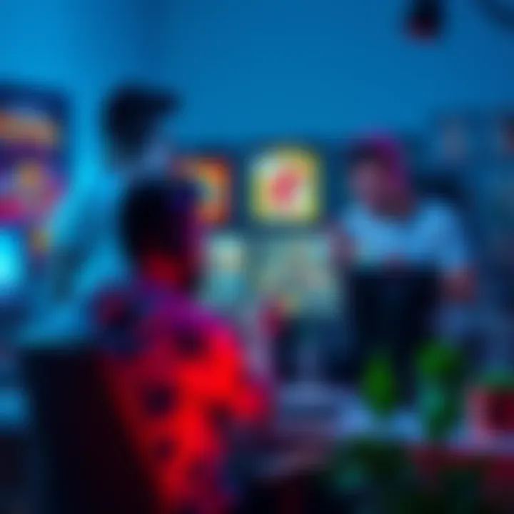 A vibrant scene of indie game developers brainstorming marketing strategies with a computer and gaming posters around them.