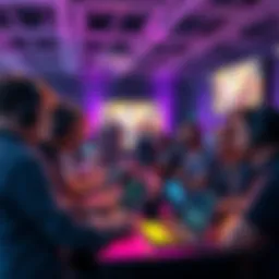 A group of indie game developers discussing their projects at a conference, with laptops and game art displayed.