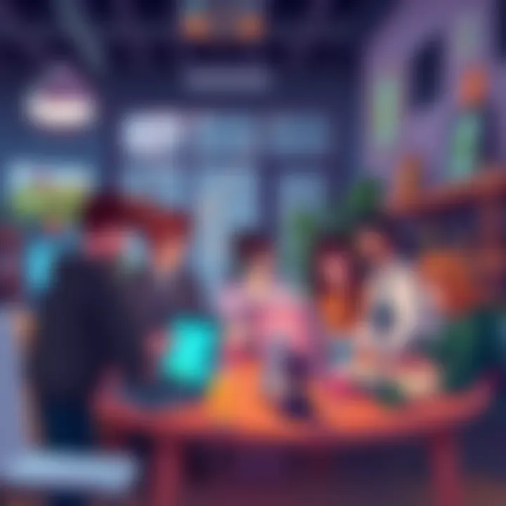 A diverse group of coders, artists, and programmers brainstorming game ideas in a creative workspace.