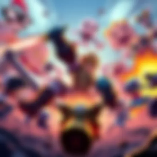 A chaotic battle scene featuring characters from popular indie games like Shovel Knight and Cuphead. They're engaged in action-filled combat initiated by Gabriel from ULTRAKILL.