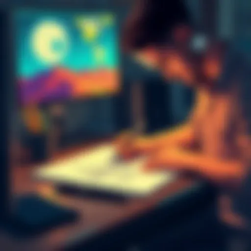 An indie comic artist sketches on paper while a computer displays AI-generated art beside them.