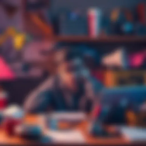 An indie creator looking frustrated at a desk cluttered with empty coffee cups, papers, and art supplies, representing challenges in the anti-AI movement.