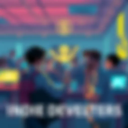 A group of indie game developers sharing ideas and showcasing projects at a community gathering.