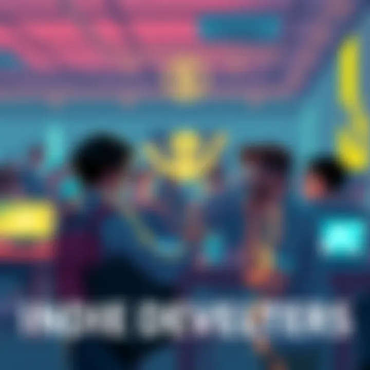 A group of indie game developers sharing ideas and showcasing projects at a community gathering.